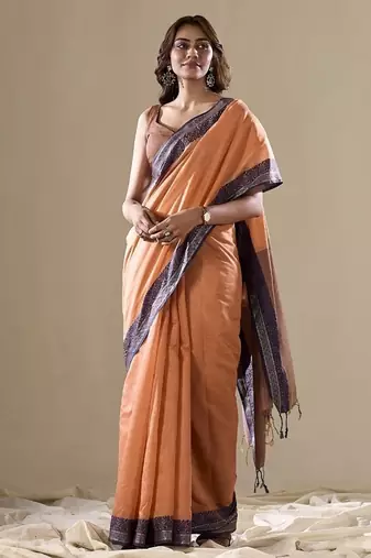 Orange handloom cotton casual wear saree