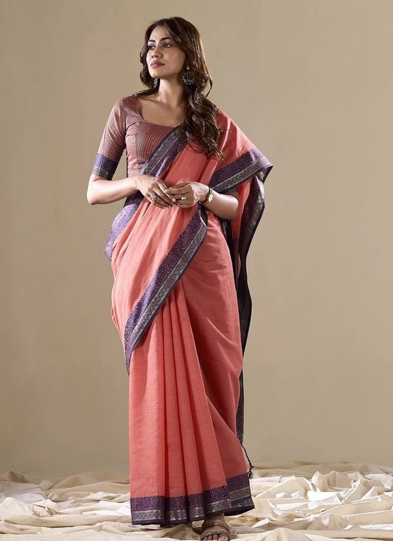 salmon handloom cotton casual wear saree