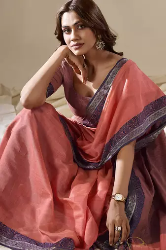 salmon handloom cotton casual wear saree