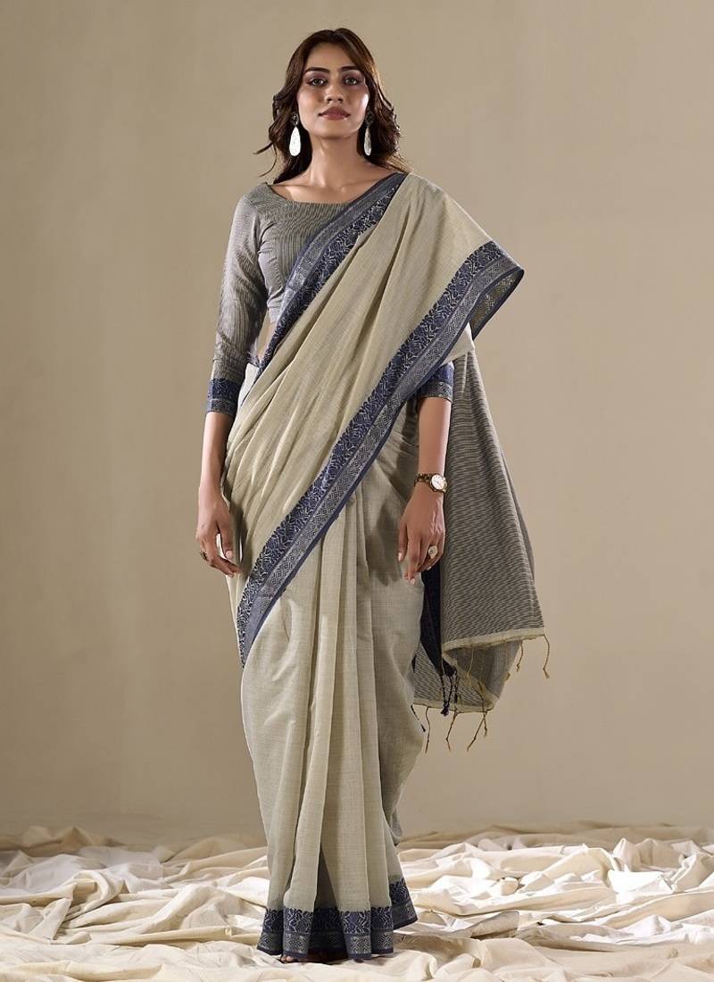 beige handloom cotton casual wear saree