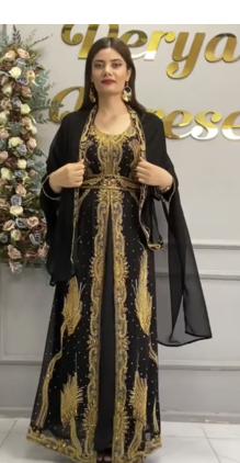 Black Moroccan Hand-Work Stitched Kaftan with Golden Heavy Embroidery & Stylish Shrug 1