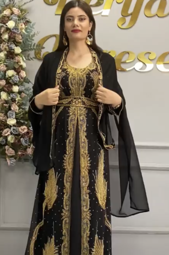 Black Moroccan Hand-Work Stitched Kaftan with Golden Heavy Embroidery & Stylish Shrug