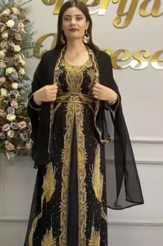 Black Moroccan Hand-Work Stitched Kaftan with Golden Heavy Embroidery & Stylish Shrug