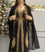 Black Moroccan Hand-Work Stitched Kaftan with Golden Heavy Embroidery & Stylish Shrug