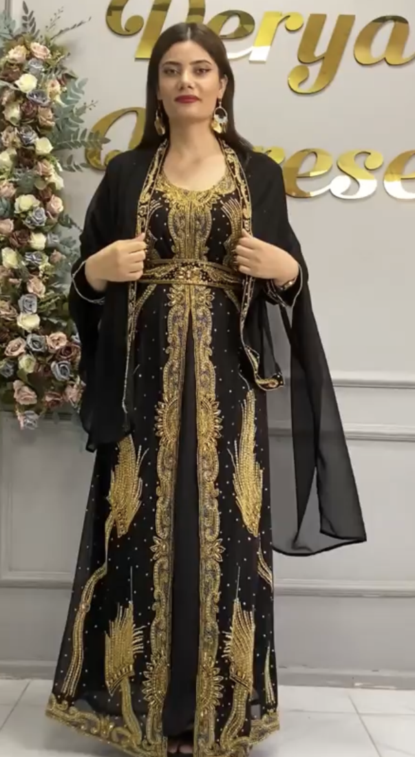 Black Moroccan Hand-Work Stitched Kaftan with Golden Heavy Embroidery & Stylish Shrug