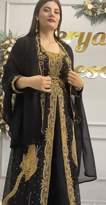 Black Moroccan Hand-Work Stitched Kaftan with Golden Heavy Embroidery & Stylish Shrug 2
