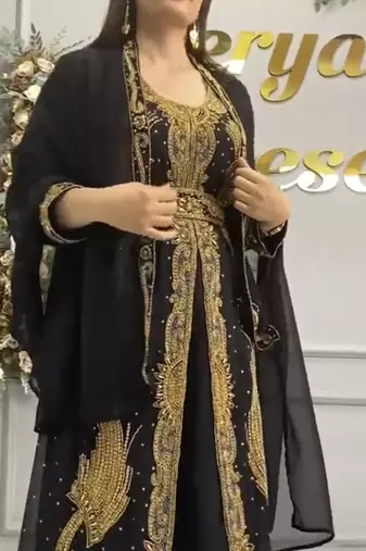 Black Moroccan Hand-Work Stitched Kaftan with Golden Heavy Embroidery & Stylish Shrug