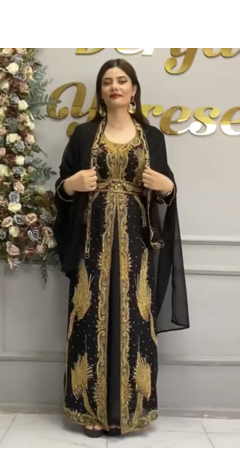 Black Moroccan Hand-Work Stitched Kaftan with Golden Heavy Embroidery & Stylish Shrug 3