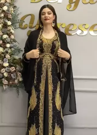 Black Moroccan Hand-Work Stitched Kaftan with Golden Heavy Embroidery & Stylish Shrug