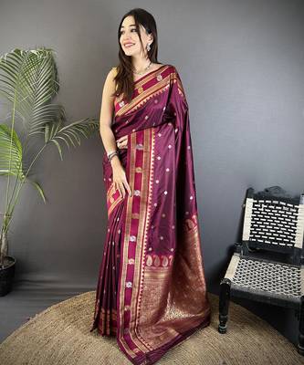 maroon soft silk blend banarasi zari woven weaving saree 1