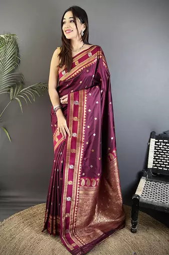 maroon soft silk blend banarasi zari woven weaving saree