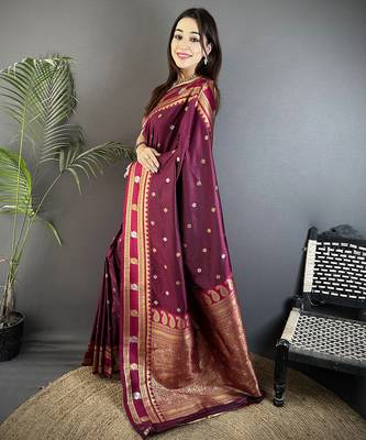 maroon soft silk blend banarasi zari woven weaving saree 2