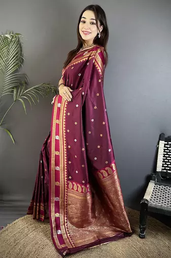 maroon soft silk blend banarasi zari woven weaving saree
