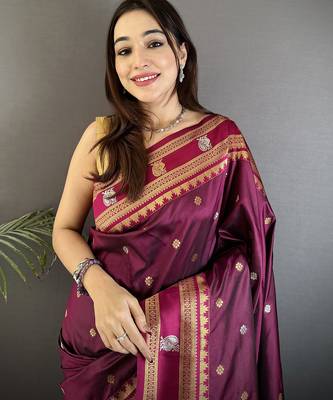 maroon soft silk blend banarasi zari woven weaving saree 4