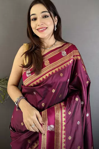maroon soft silk blend banarasi zari woven weaving saree