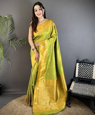 light green soft silk blend banarasi zari woven weaving saree 1