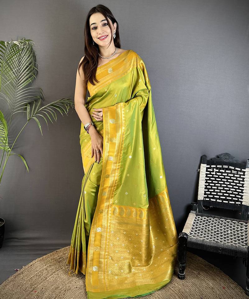 light green soft silk blend banarasi zari woven weaving saree