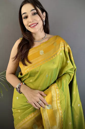 light green soft silk blend banarasi zari woven weaving saree