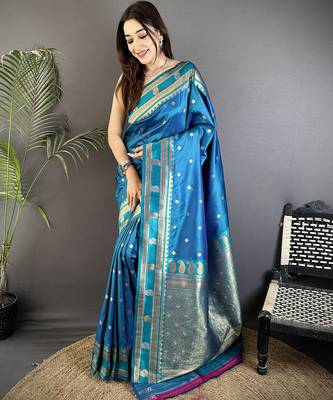 sky blue soft silk blend banarasi zari woven weaving saree 1