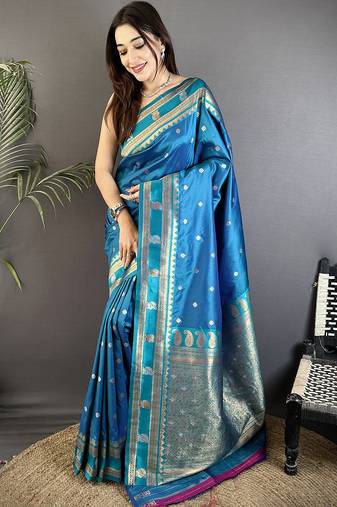 sky blue soft silk blend banarasi zari woven weaving saree