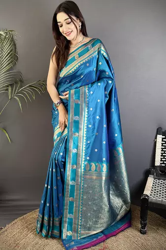 sky blue soft silk blend banarasi zari woven weaving saree