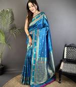 sky blue soft silk blend banarasi zari woven weaving saree