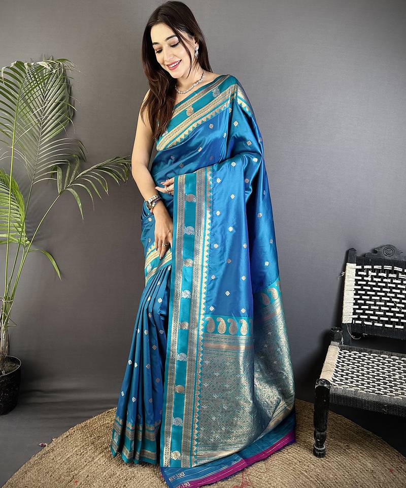 sky blue soft silk blend banarasi zari woven weaving saree