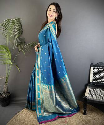 sky blue soft silk blend banarasi zari woven weaving saree 2