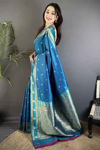 sky blue soft silk blend banarasi zari woven weaving saree