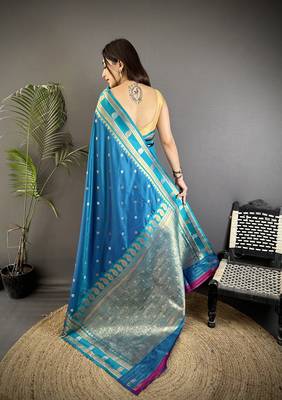 sky blue soft silk blend banarasi zari woven weaving saree 3