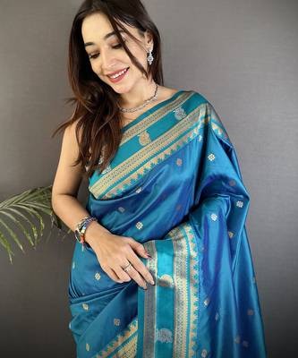 sky blue soft silk blend banarasi zari woven weaving saree 4