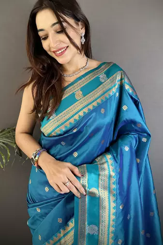 sky blue soft silk blend banarasi zari woven weaving saree