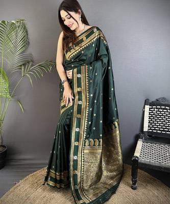 dark green soft silk blend banarasi zari woven weaving saree 1