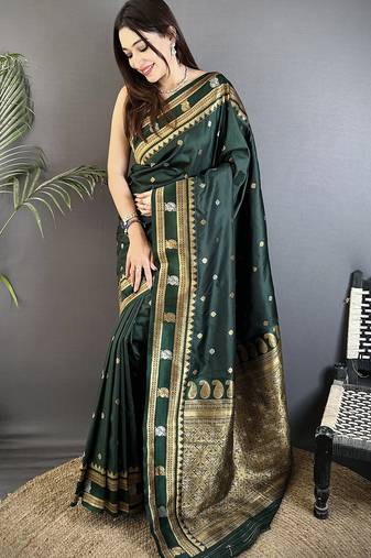 dark green soft silk blend banarasi zari woven weaving saree