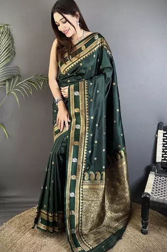 dark green soft silk blend banarasi zari woven weaving saree