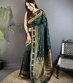 dark green soft silk blend banarasi zari woven weaving saree