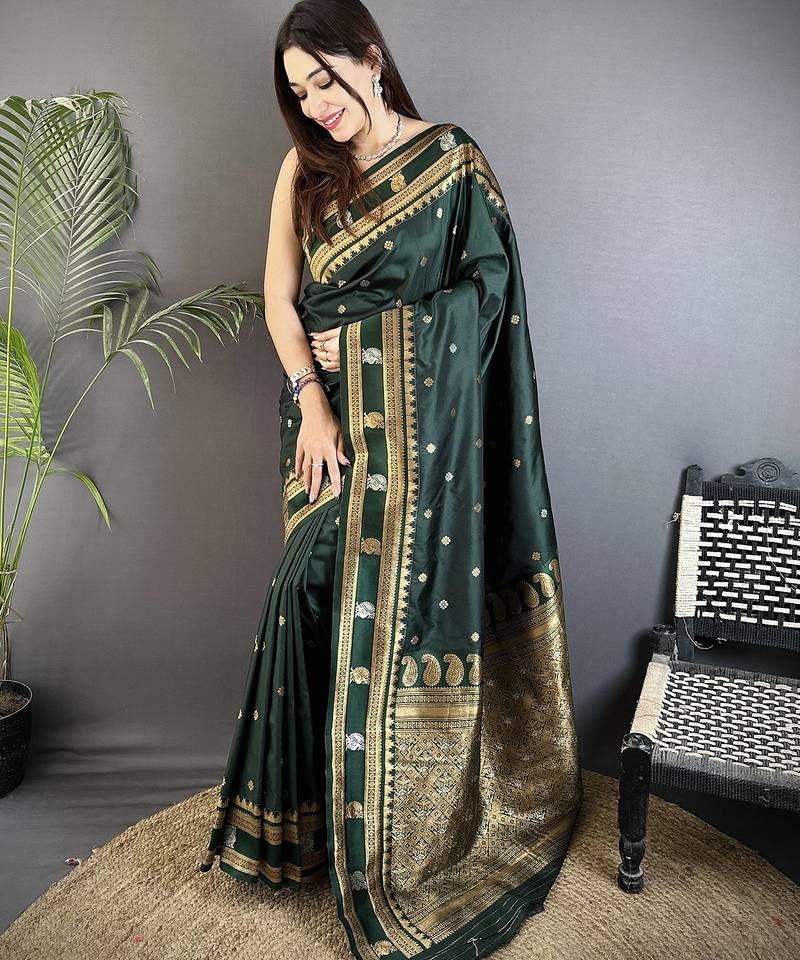 dark green soft silk blend banarasi zari woven weaving saree