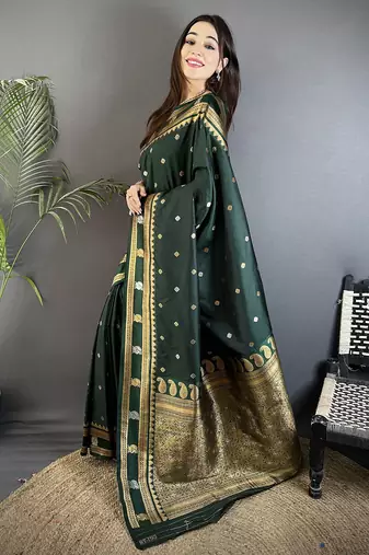 dark green soft silk blend banarasi zari woven weaving saree