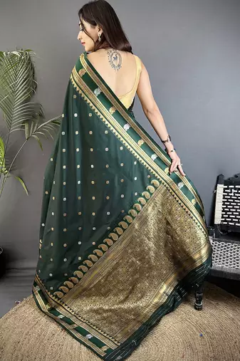 dark green soft silk blend banarasi zari woven weaving saree