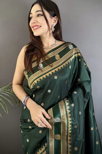 dark green soft silk blend banarasi zari woven weaving saree