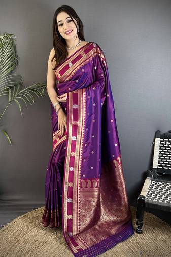 purple soft silk blend banarasi zari woven weaving saree
