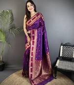 purple soft silk blend banarasi zari woven weaving saree