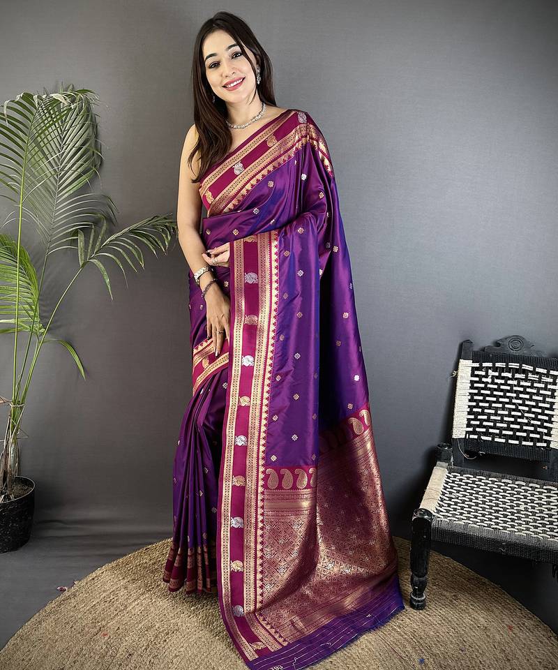 purple soft silk blend banarasi zari woven weaving saree