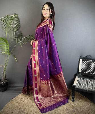 purple soft silk blend banarasi zari woven weaving saree 2