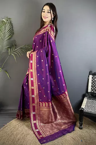 purple soft silk blend banarasi zari woven weaving saree