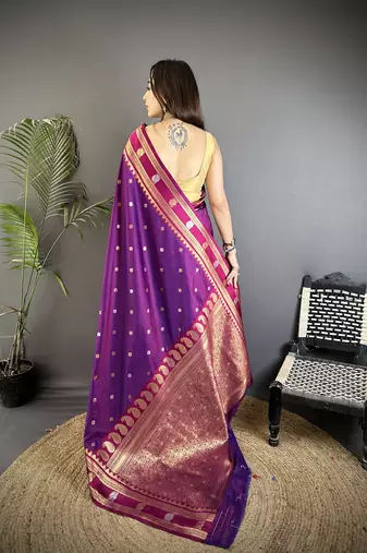 purple soft silk blend banarasi zari woven weaving saree