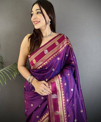 purple soft silk blend banarasi zari woven weaving saree 4