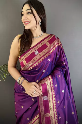 purple soft silk blend banarasi zari woven weaving saree