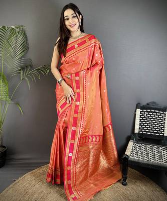 peach soft silk blend banarasi zari woven weaving saree 1