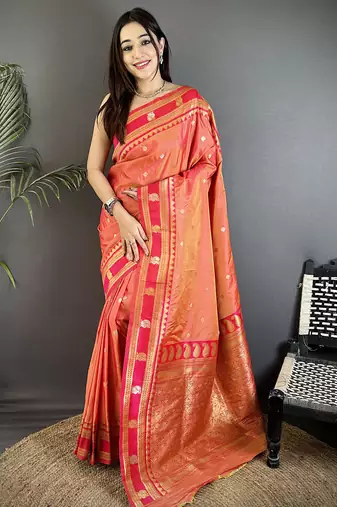 peach soft silk blend banarasi zari woven weaving saree